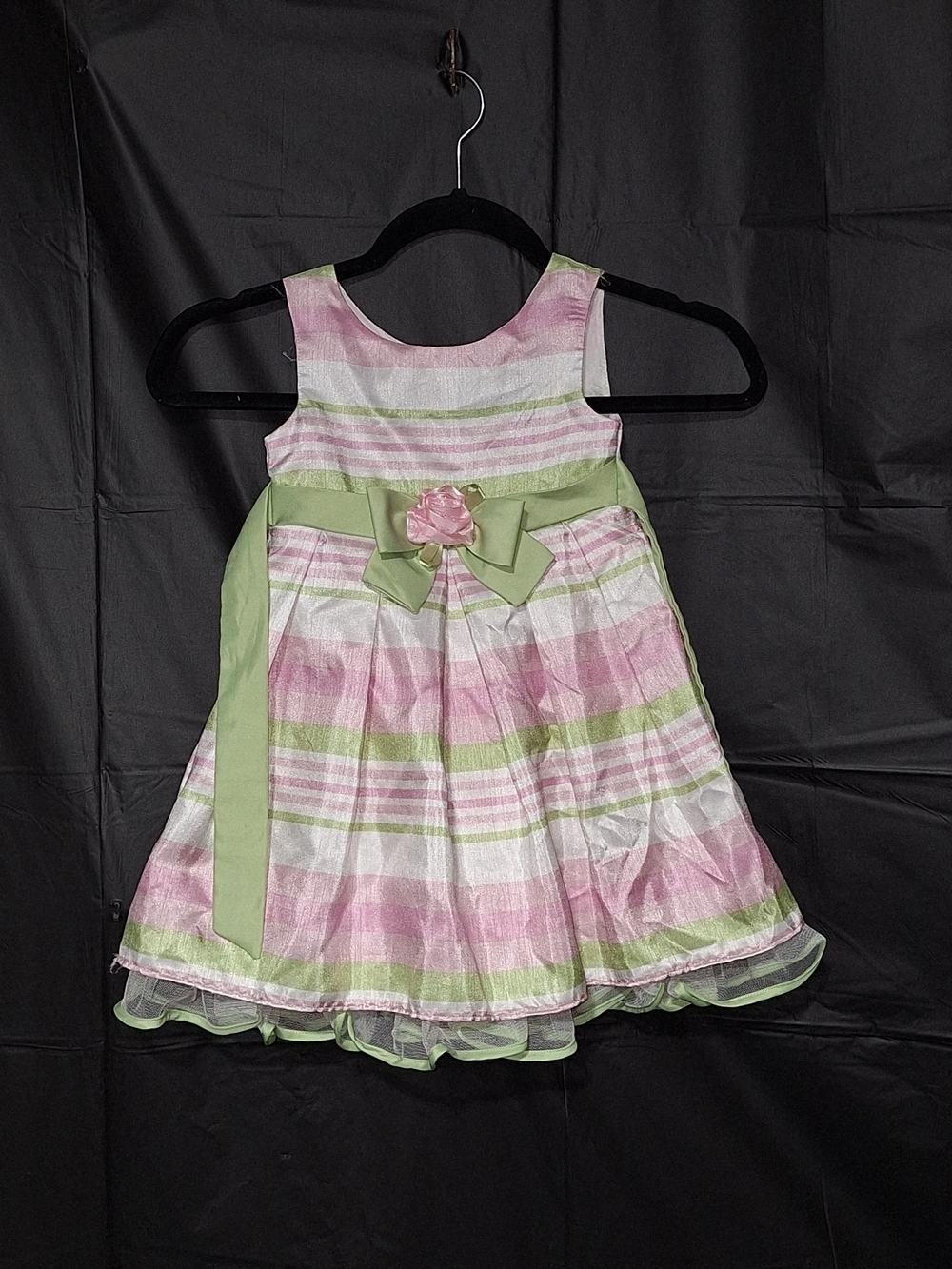 Youngland Pink and Green Striped Party Dress with Sash Sz 3t